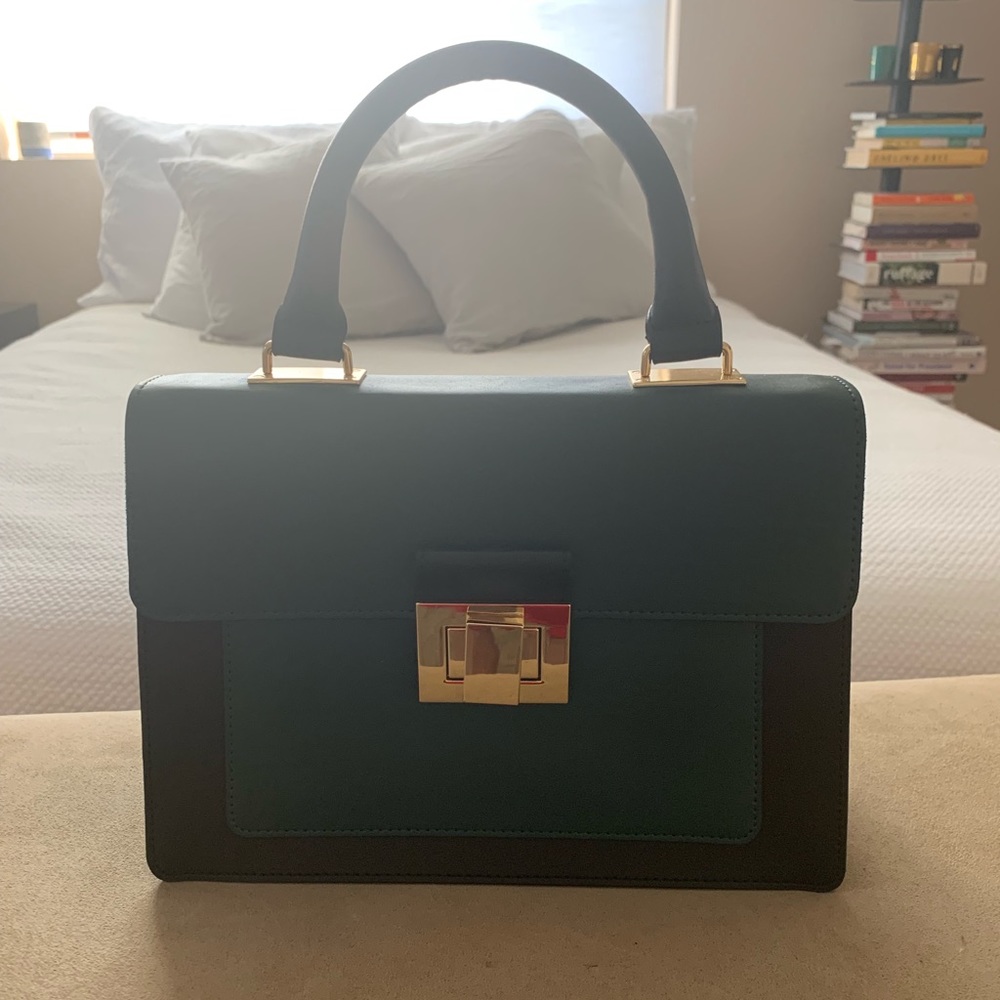 Black + Green Faux Leather Bag with Hold Hardware
